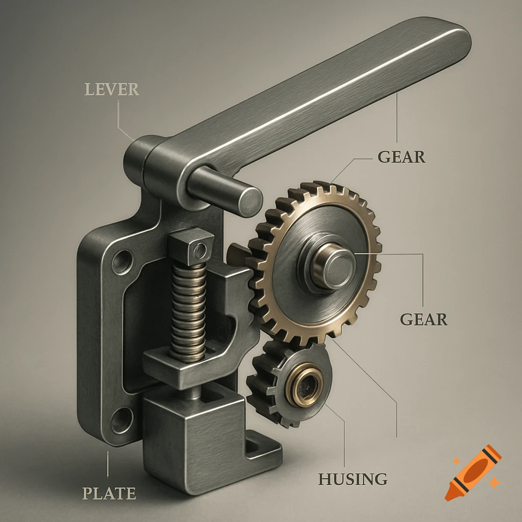 A detailed 3D illustration of a mechanical lever system with gears, a spring, and various labeled components on a neutral background.