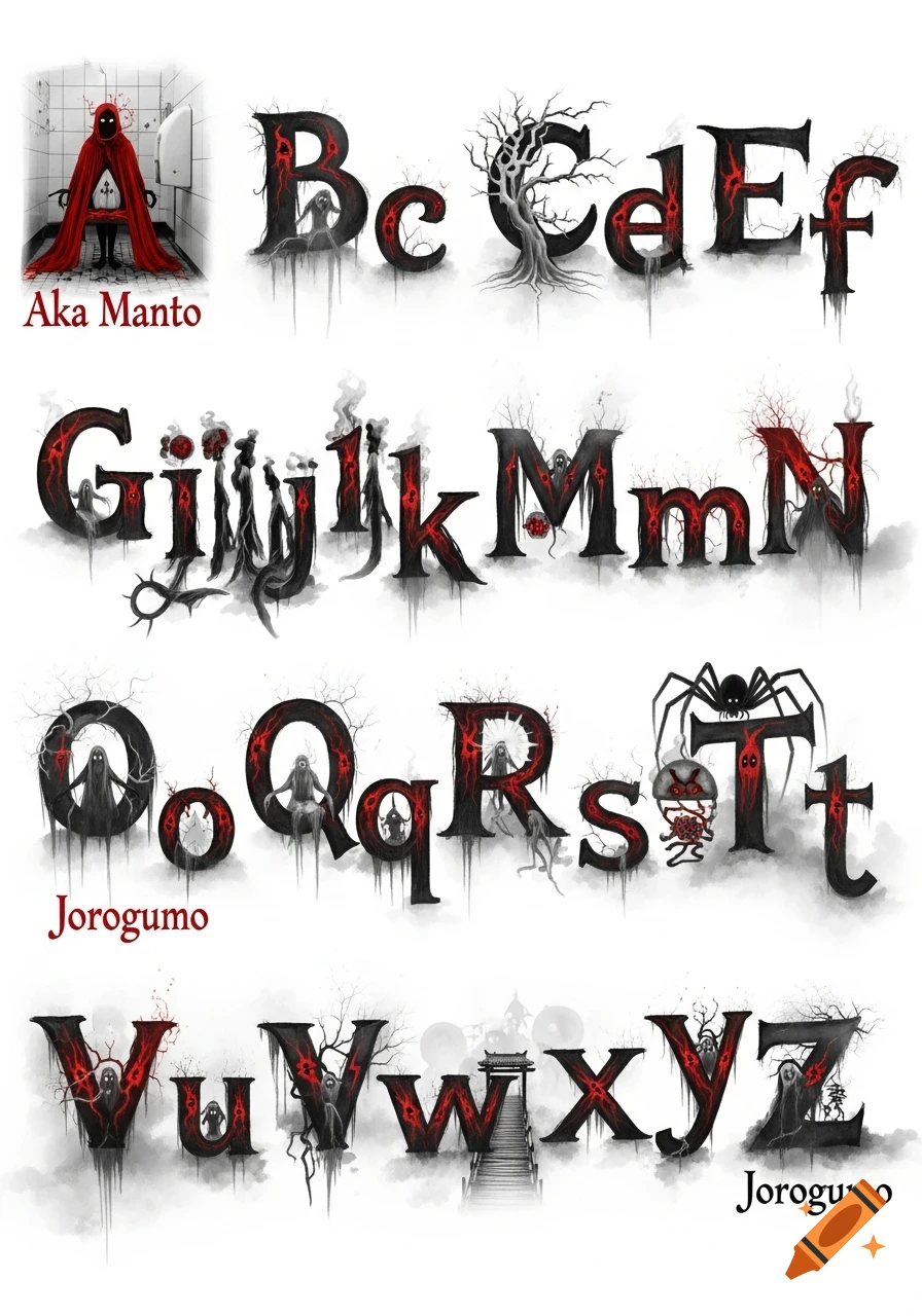 A stylized alphabet in black and red, depicting various Japanese urban legends. Each letter is decorated with gothic, monstrous, or ghostly elements, with some specific legend names like "Aka Manto" and "Jorogumo" appearing below corresponding letters.