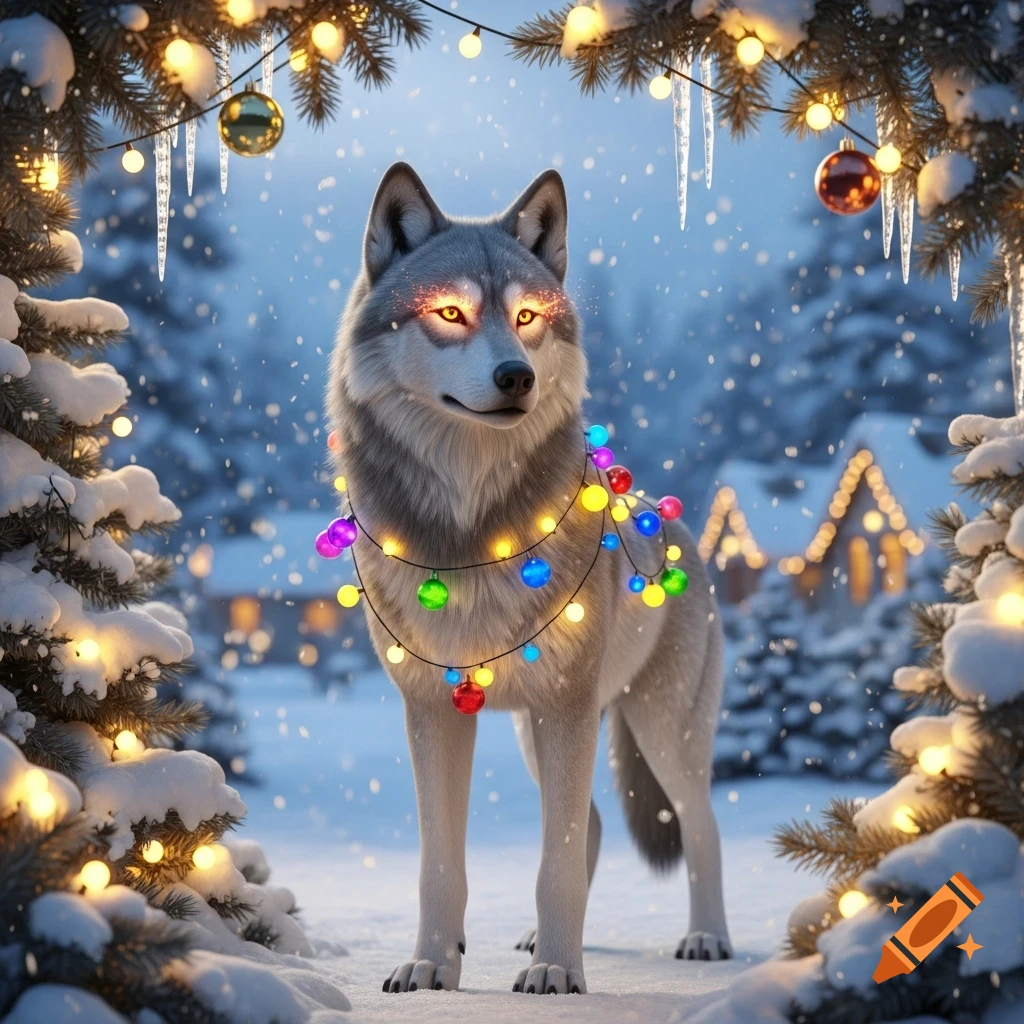 A photorealistic 3D wolf with glowing eyes and colorful Christmas lights wrapped around its neck, standing in a snowy winter wonderland.
