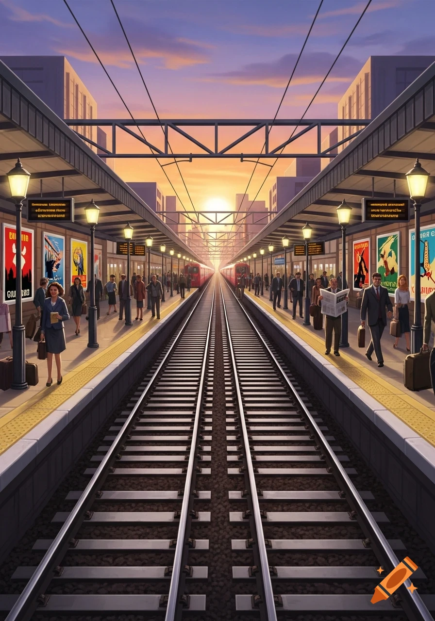 A long train station platform with two railway tracks converging towards a sunset horizon, surrounded by waiting passengers and city buildings.