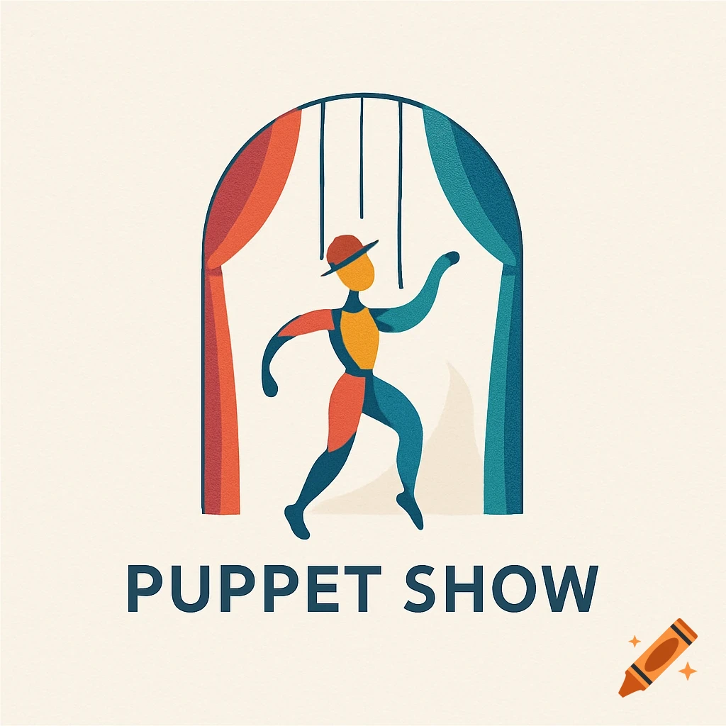 Stylized logo for a puppet show, featuring a puppet-like figure in a hat on a stage with curtains, and the text 'PUPPET SHOW'.