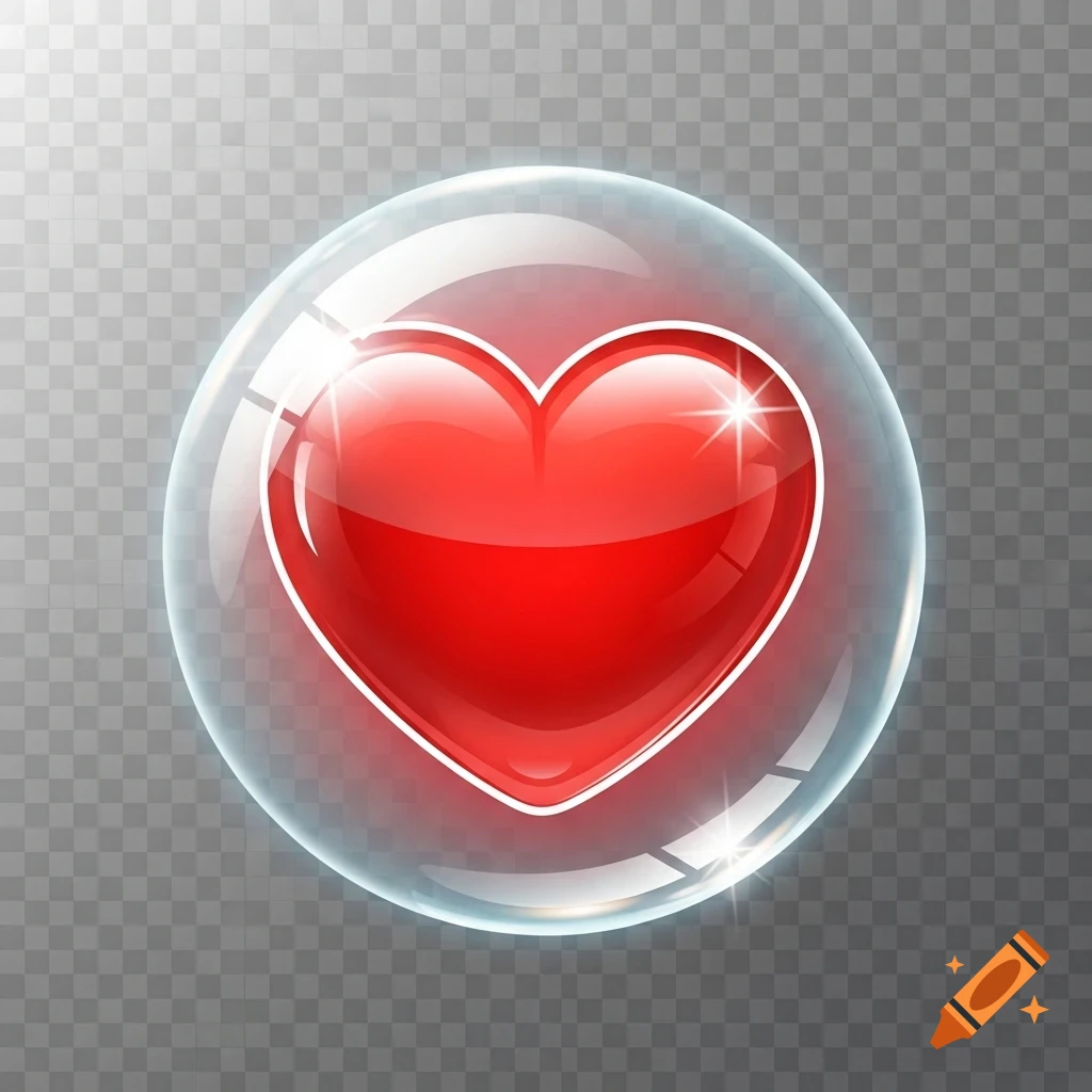 A glossy red heart with a white outline inside a transparent, glowing bubble, set against a checkered background. It resembles a sci-fi game power-up icon.