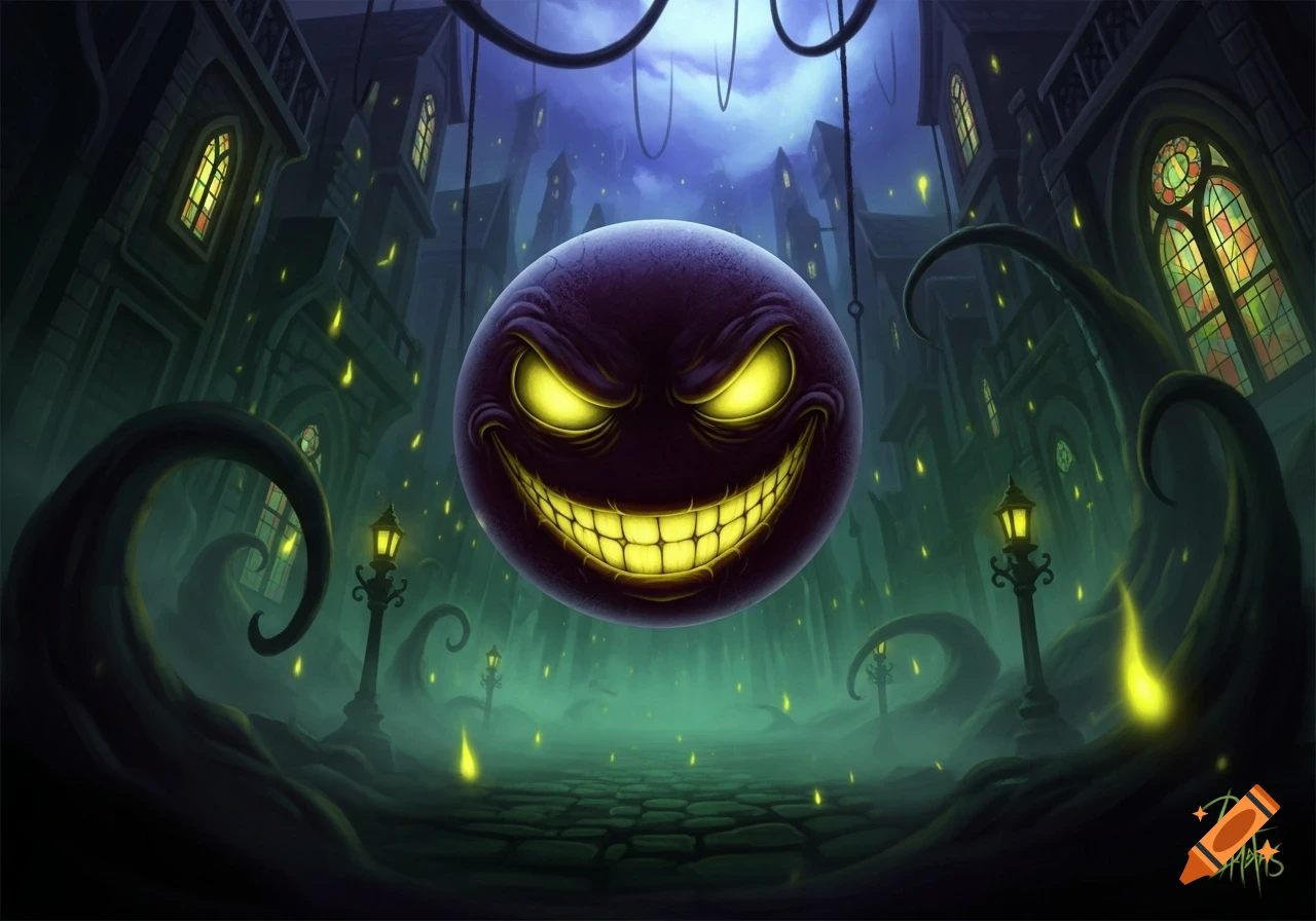 A grinning purple face with glowing yellow eyes and a wide, toothy smile floats above a foggy cobblestone street lined with eerie gothic buildings and twisted trees under a dark sky.