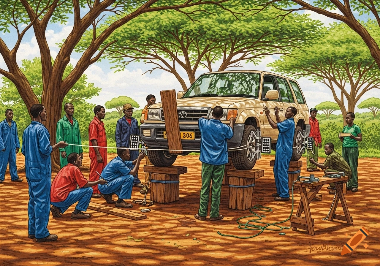 Illustration of men performing wheel alignment on a beige SUV with basic tools outdoors in a dusty, treed area.