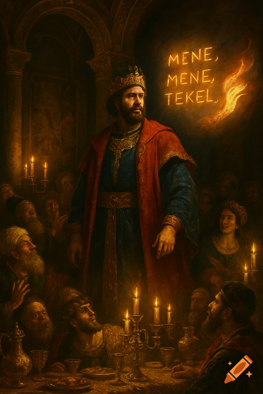 A king at a candlelit banquet, wearing a crown and red robe, looks at fiery text 'MENE, MENE, TEKEL' on a wall as guests watch. Painting style.