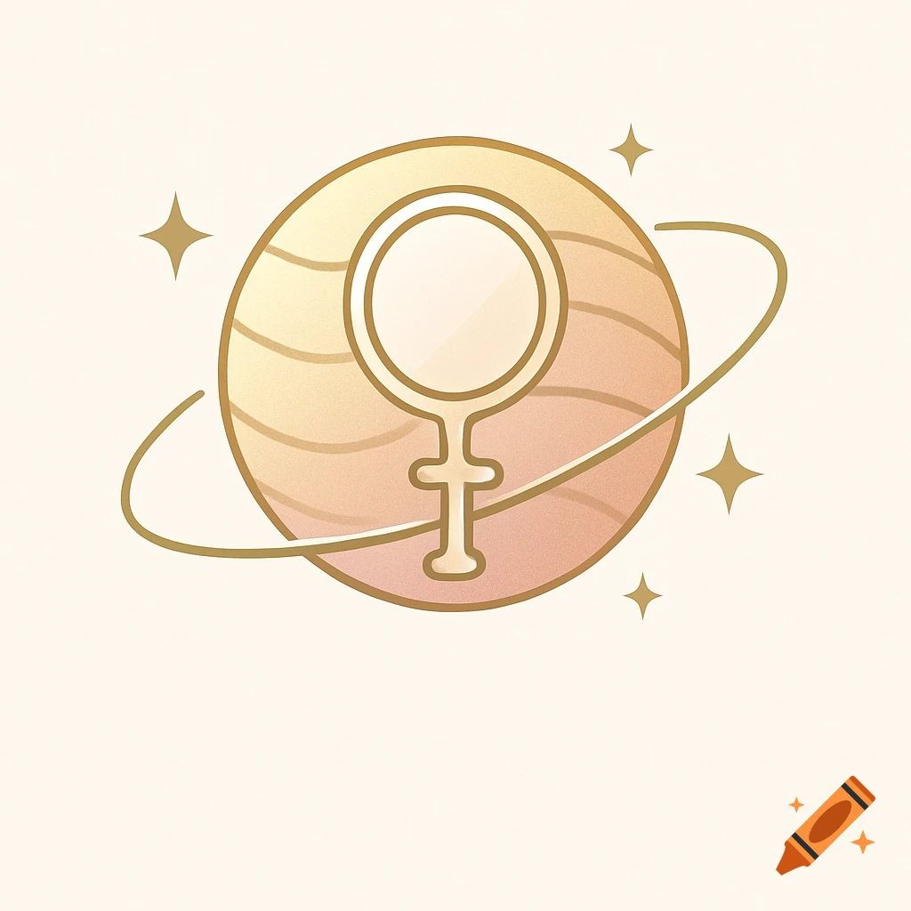 A stylized gold Venus symbol on a gradient planet with rings and stars, on a light background.