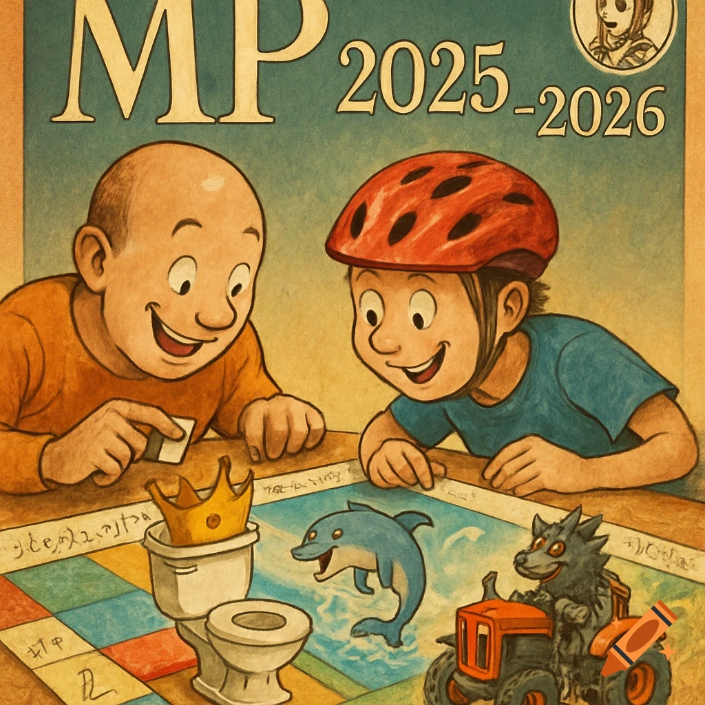 Cartoon illustration of a bald man and a boy in a helmet playing a board game featuring a toilet with a crown, a dolphin, and a wolf driving a tractor, with "MP 2025-2026" at the top.