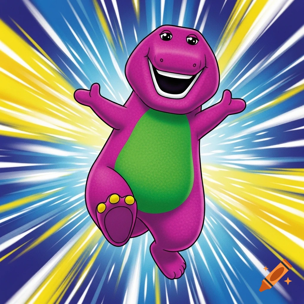 Barney the purple dinosaur jumping excitedly with open arms and a wide smile against a dynamic blue and yellow anime motion background.