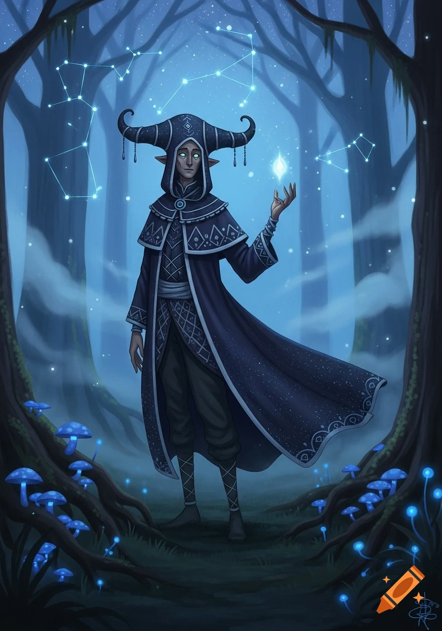 A hooded elf-like figure with a horned hat and long dark coat stands in a misty blue forest with glowing mushrooms and constellations, holding a light.