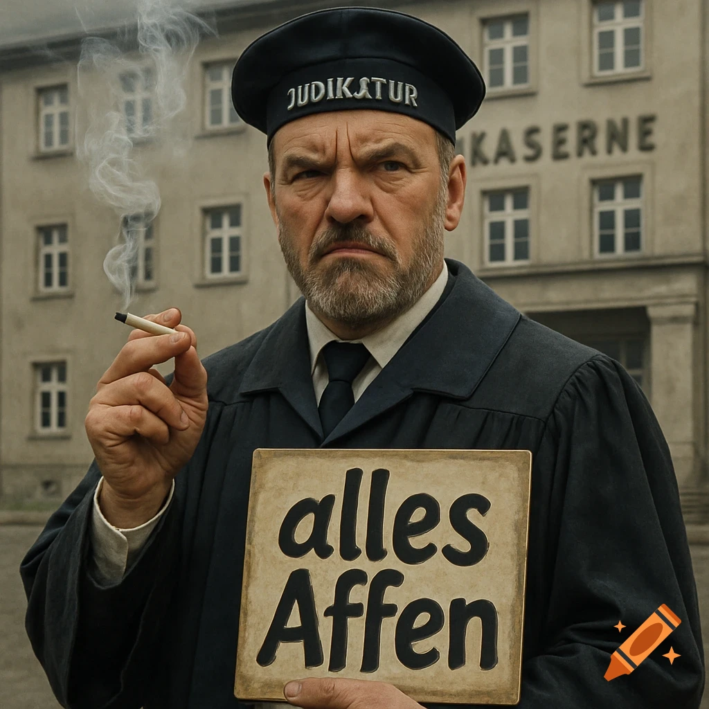 A grim-faced man in a dark uniform with a "JUDIKATUR" hat holds a cigarette and a sign saying "alles Affen" in front of a building.