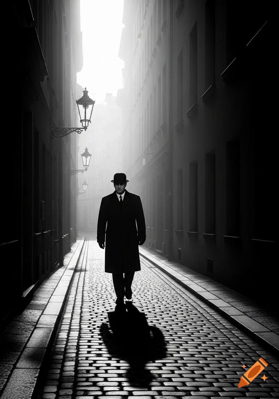 A man in a bowler hat and coat walks down a dark, misty, cobbled street with tall buildings and lanterns in black and white.