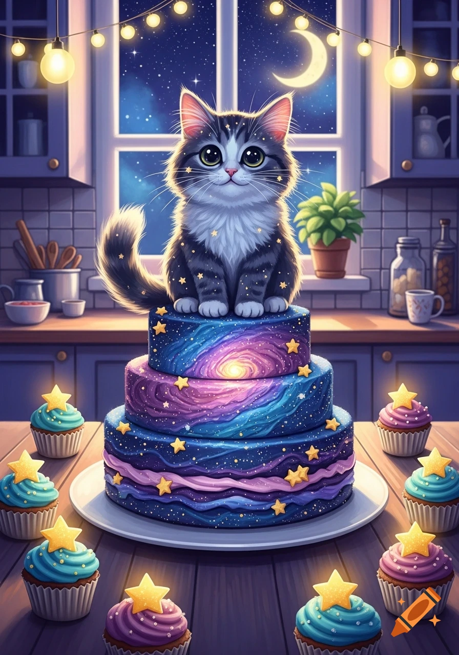 A cute, fluffy cat sits on a tiered galaxy cake with cupcakes in a whimsical kitchen at night.
