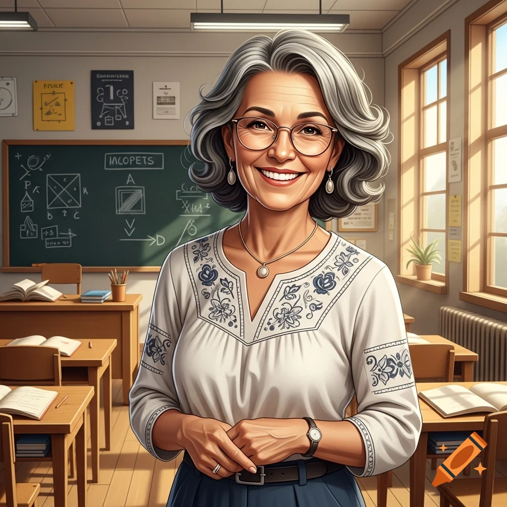 A smiling, grey-haired teacher with glasses stands in a classroom, wearing a white blouse with blue embroidery.