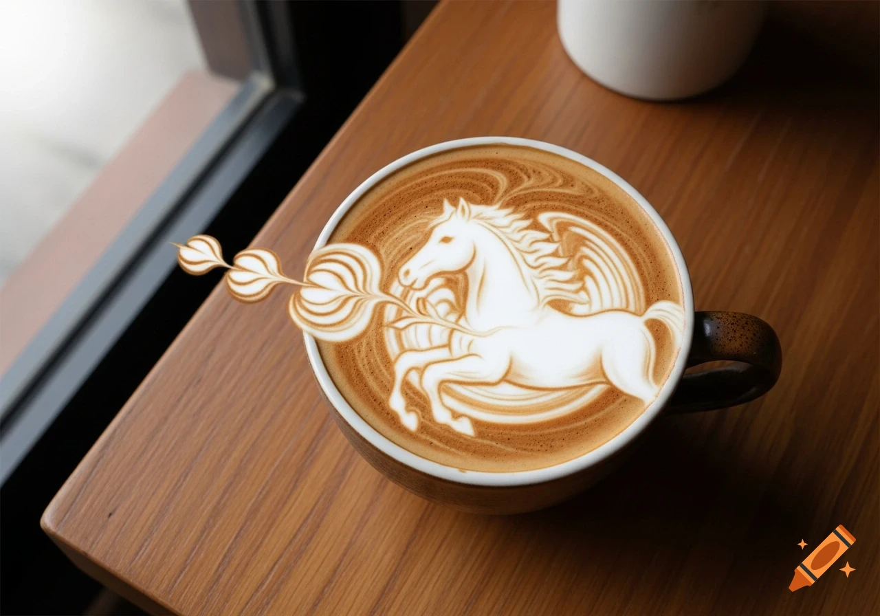 Close-up of a cup of coffee with detailed white latte art forming a majestic horse with a stylized flower.