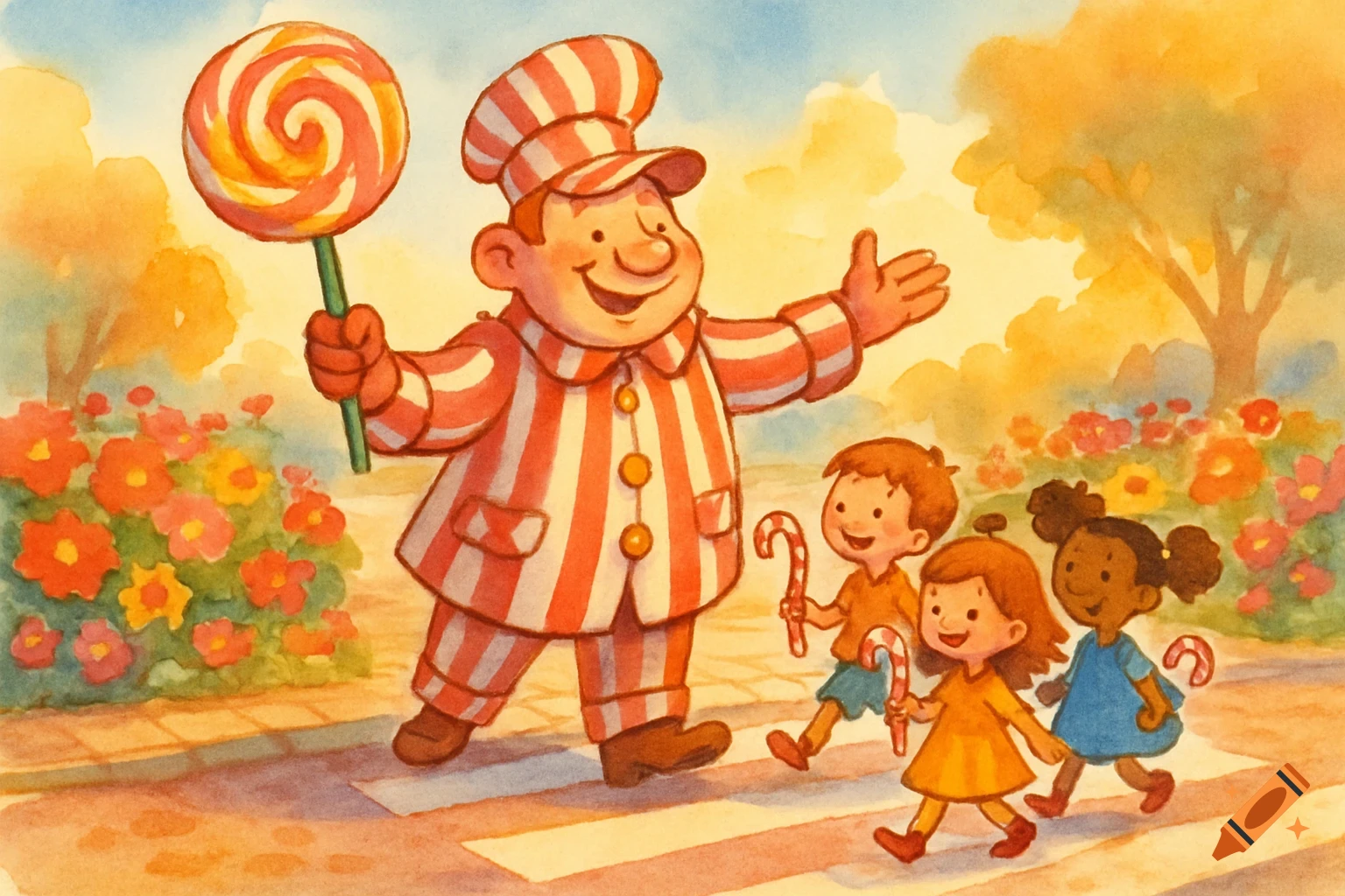 A cheerful man in a striped suit holding a giant lollipop guides three smiling children with candy canes across a zebra crossing in a vibrant watercolor illustration.