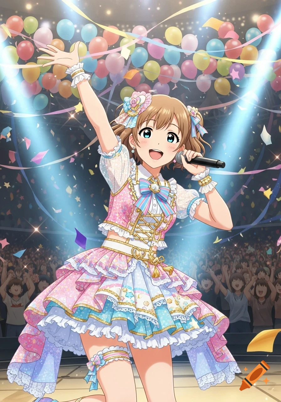 A cheerful anime idol in a frilly pink and blue costume sings on stage with confetti, spotlights, and balloons, in front of a cheering crowd.