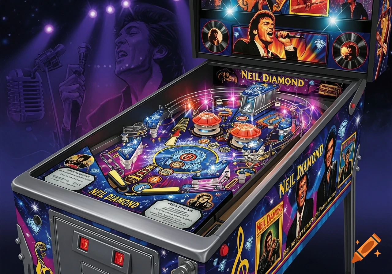 A vibrant, detailed pinball machine themed around musician Neil Diamond, featuring purple lighting and glowing game elements.