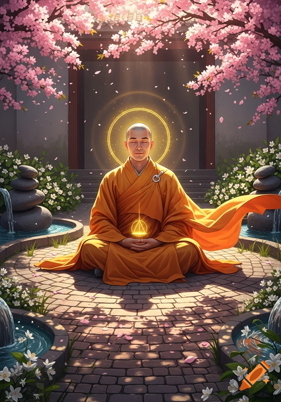 A bald person in an orange robe meditates in a sunlit zen garden with cherry blossoms and fountains, with a golden glow around their head and hands.