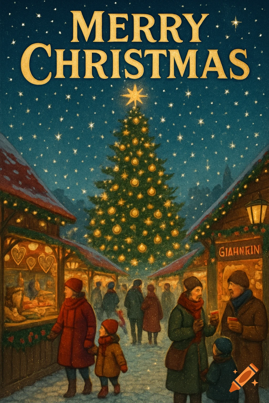 A festive illustration of a bustling Christmas market at night, with a ...