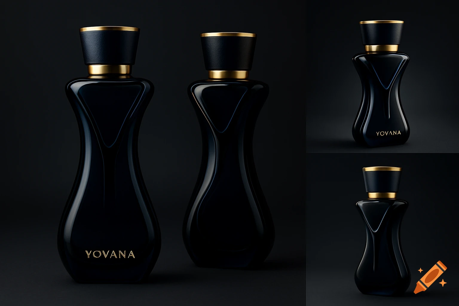 Multiple elegant black and gold perfume bottles with 'YOVANA' logo displayed against a dark background in studio lighting.
