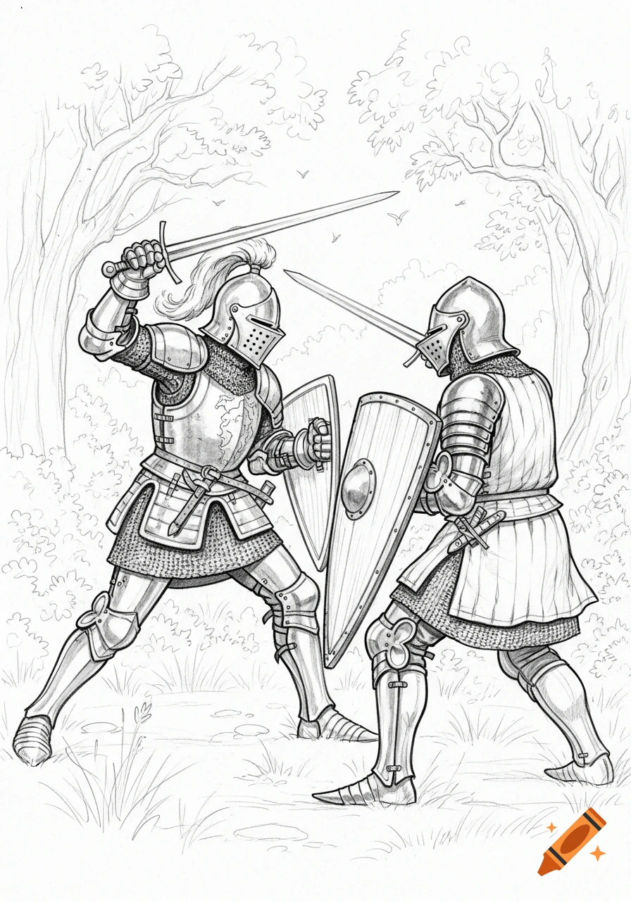 Pencil drawing of two armored knights dueling with swords and shields in a forest setting.