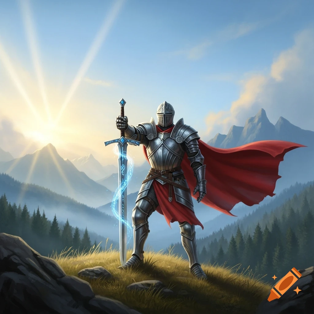 A knight in shining armor with a red cape holds a glowing sword on a mountain overlooking a misty valley at sunrise.