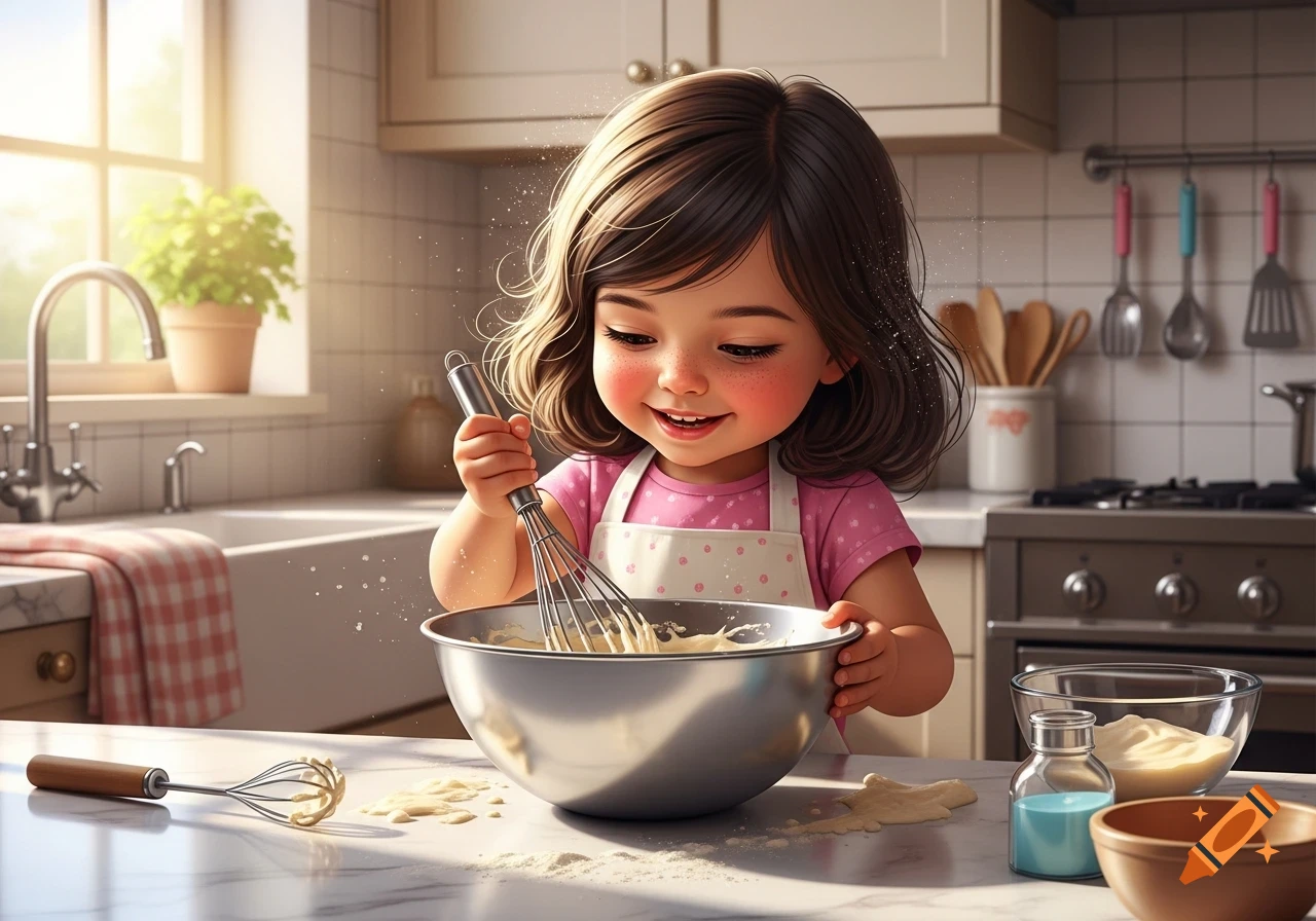 A happy cartoon toddler girl in an apron mixes batter in a bowl with a whisk in a bright kitchen.