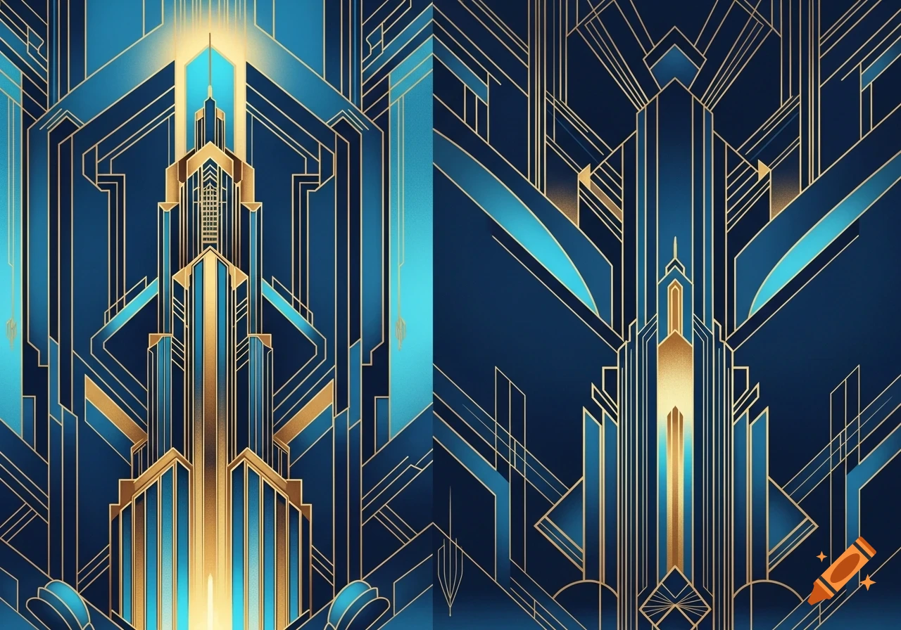 An ornate Art Deco pattern in deep blue, teal, and gold, featuring stylized geometric shapes resembling skyscrapers and architectural elements.