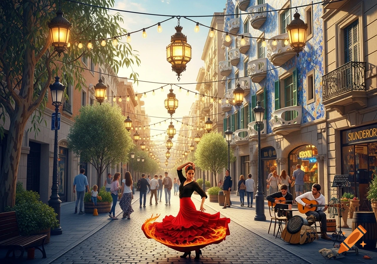 A vibrant street scene with a flamenco dancer in a red dress performing under festive lights, flanked by ornate buildings and onlookers.