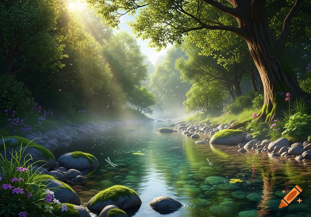 A sun-dappled river flows through a vibrant green forest, with mossy rocks and wildflowers along its banks, in a photorealistic style.