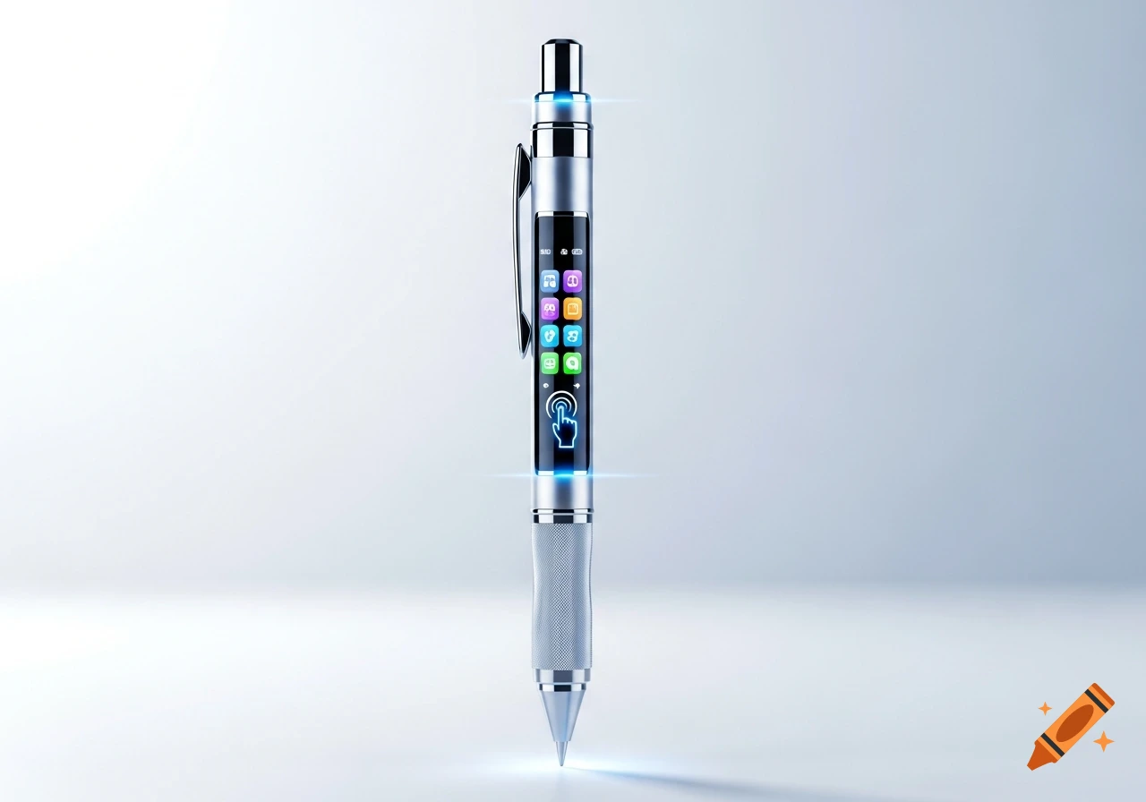 Photorealistic image of a futuristic mechanical pencil with a glowing touchscreen displaying app icons and a hand cursor.