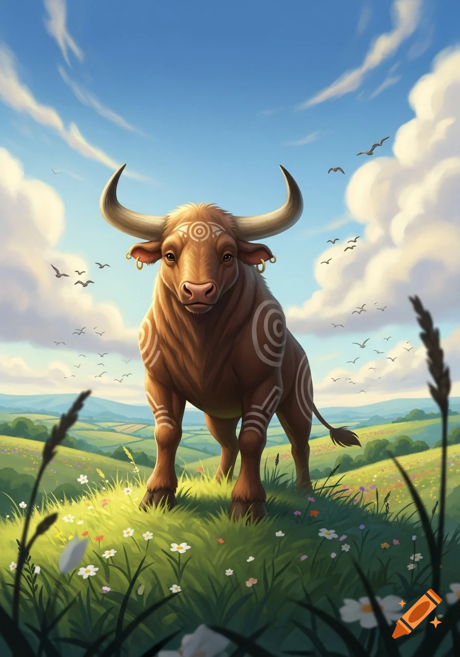 A stylized brown bull with patterns and ear rings stands on grassy ...