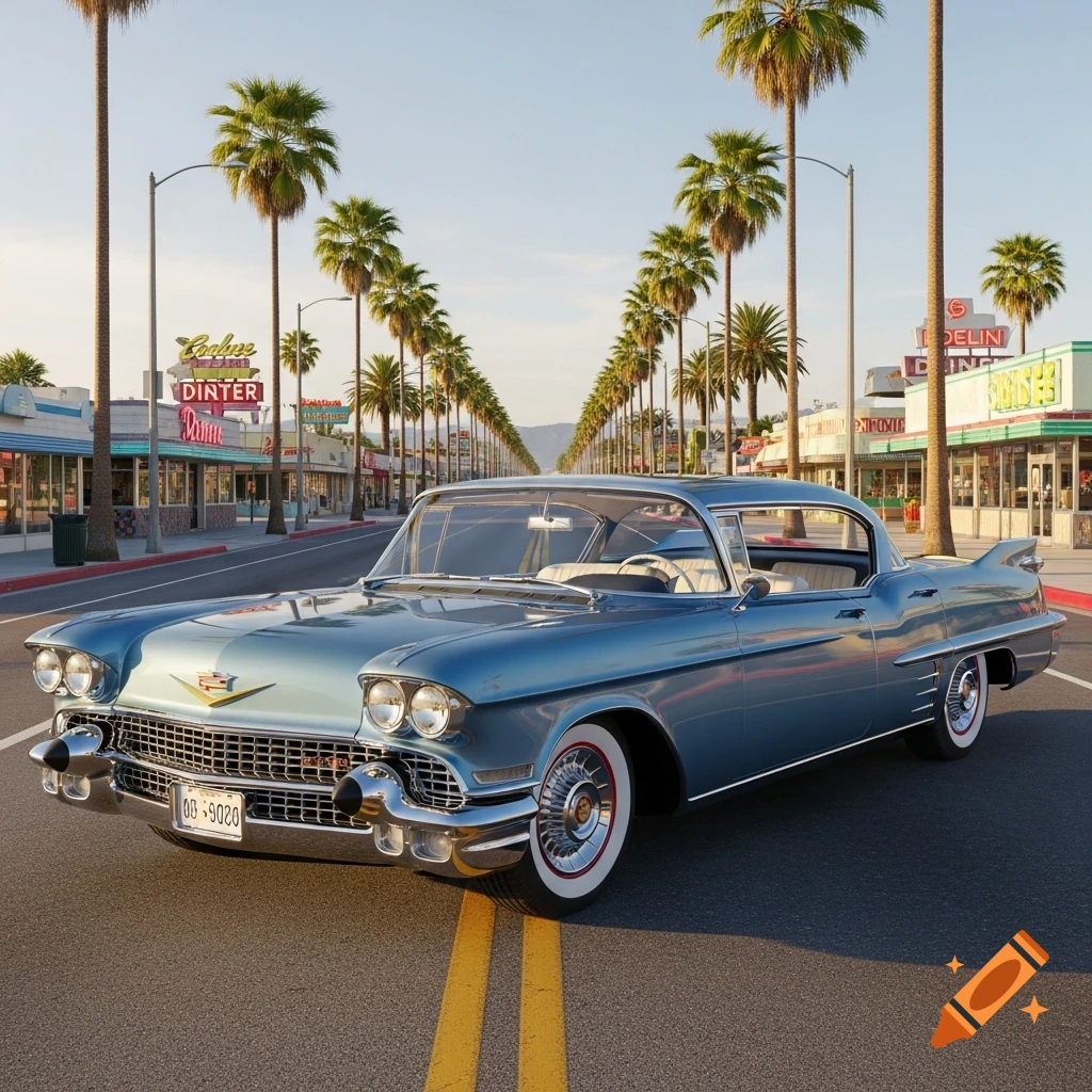 A photorealistic image of a blue 1957 Cadillac Eldorado Brougham parked on a street lined with palm trees and retro diners.