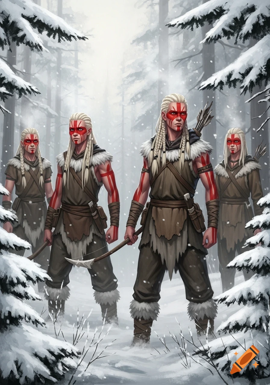 Pale-skinned, blond-haired tribal hunters with red face paint stand in a snowy forest, holding bows, in a digital painting.