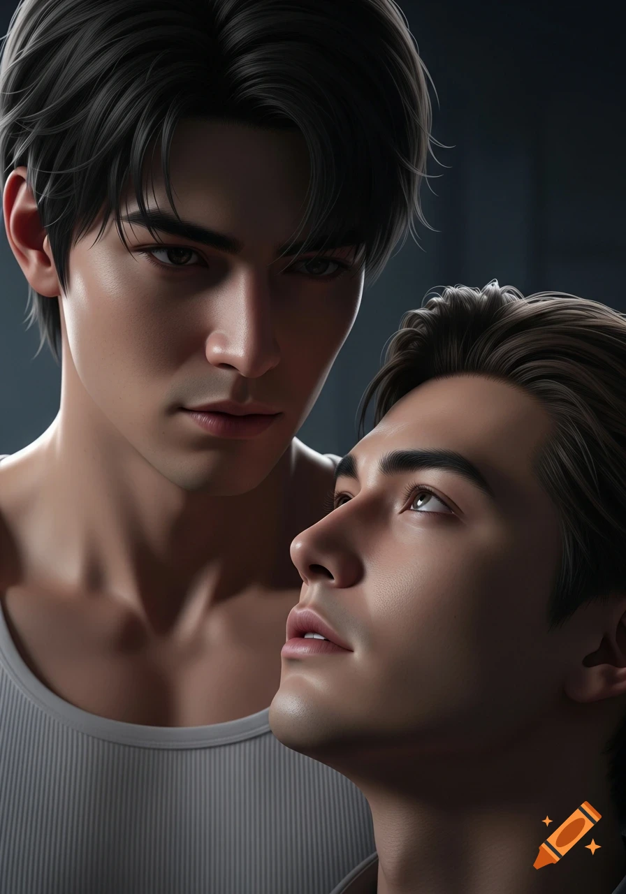 Realistic digital art portrait of two young men in a close, emotional embrace, one looking intensely, the other looking up vulnerably.