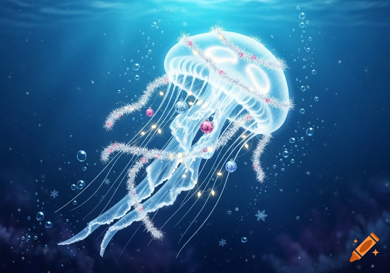 A luminous, translucent jellyfish adorned with Christmas tinsel, ornaments, and string lights, swimming in a deep blue ocean with bubbles and snowflakes.