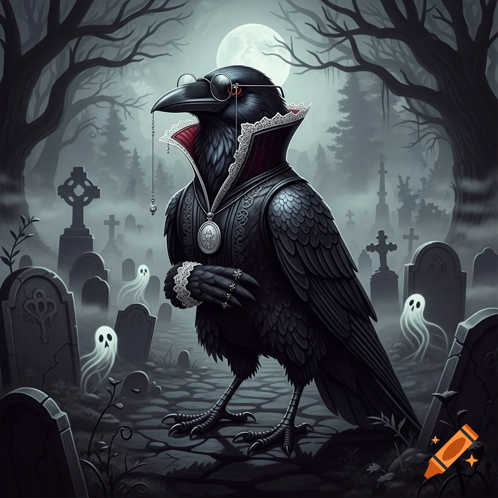 A dapper anthropomorphic crow wearing a black gothic suit and glasses stands in a misty graveyard with ghosts under a full moon.