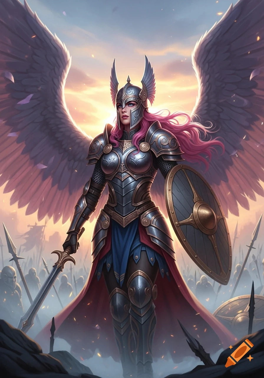 A powerful female valkyrie with pink hair and large wings, wearing detailed armor, holds a sword and shield amidst a hazy battlefield at sunset.