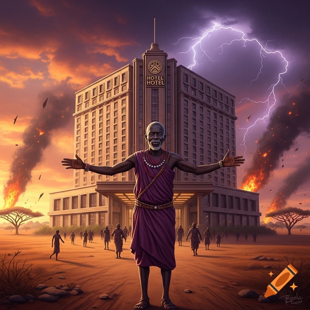 An old African man with outstretched arms stands before a large hotel, as people rush towards it amidst fires and lightning in an apocalyptic landscape.