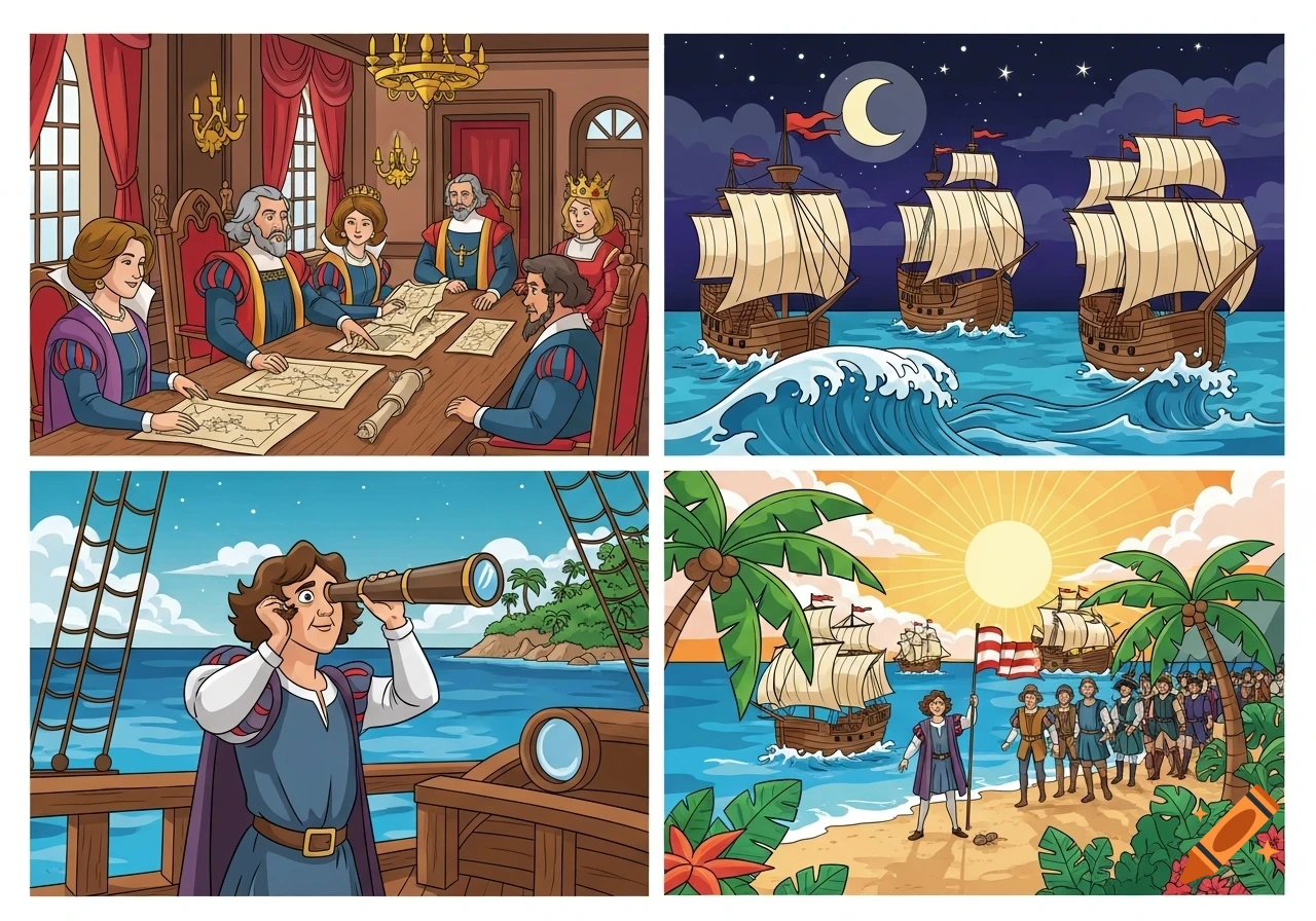 Four cartoon panels depicting Christopher Columbus's journey: presenting plans to monarchs, ships sailing at night, spotting land, and arriving on a tropical shore.