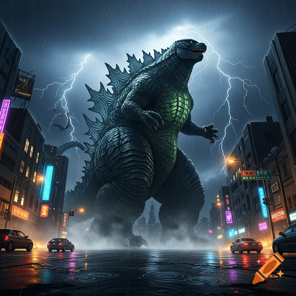 Massive Godzilla stands in a rain-soaked city street during a lightning storm, illuminated by neon signs.