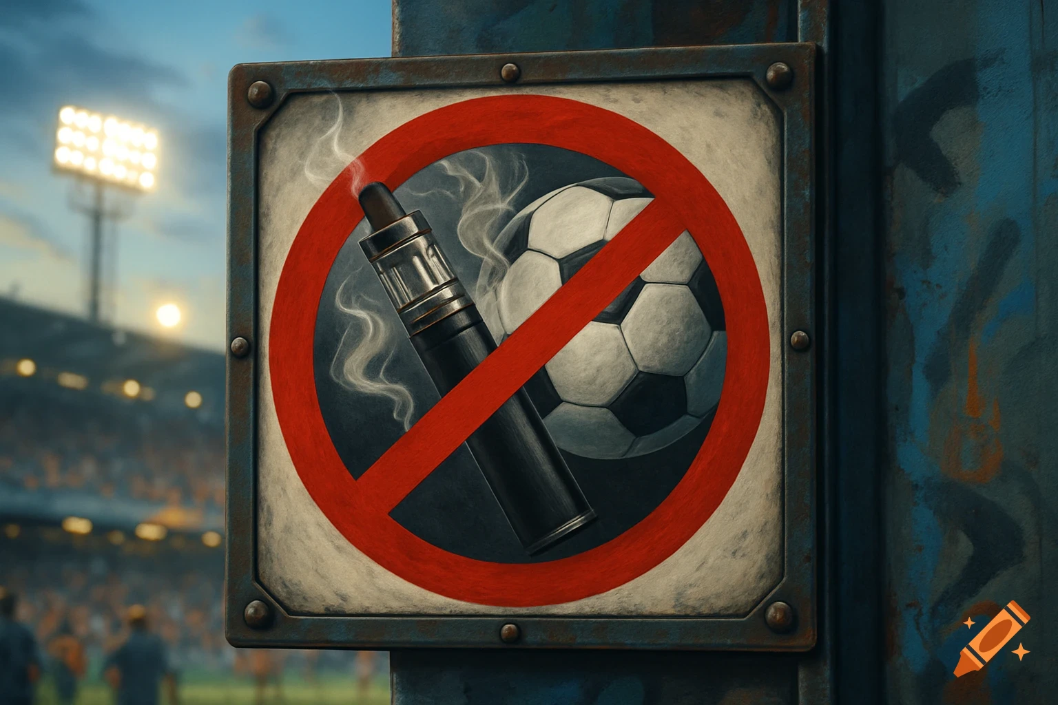 A 'no vaping' sign featuring a vape and soccer ball with smoke in a red circle, set against a blurred soccer stadium with floodlights.