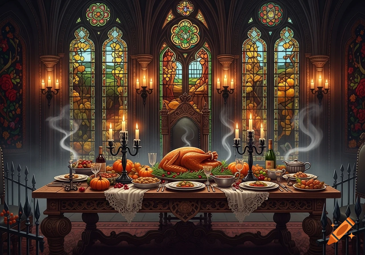 A grand gothic dining hall features a Thanksgiving feast on a wooden table, adorned with a roasted turkey, pumpkins, and candles under ornate stained glass windows.