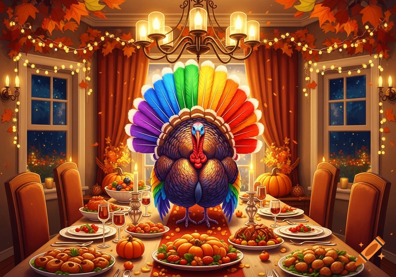 A vibrant turkey with rainbow tail feathers at the center of a decorated Thanksgiving dinner table, laden with food, pumpkins, and candles.
