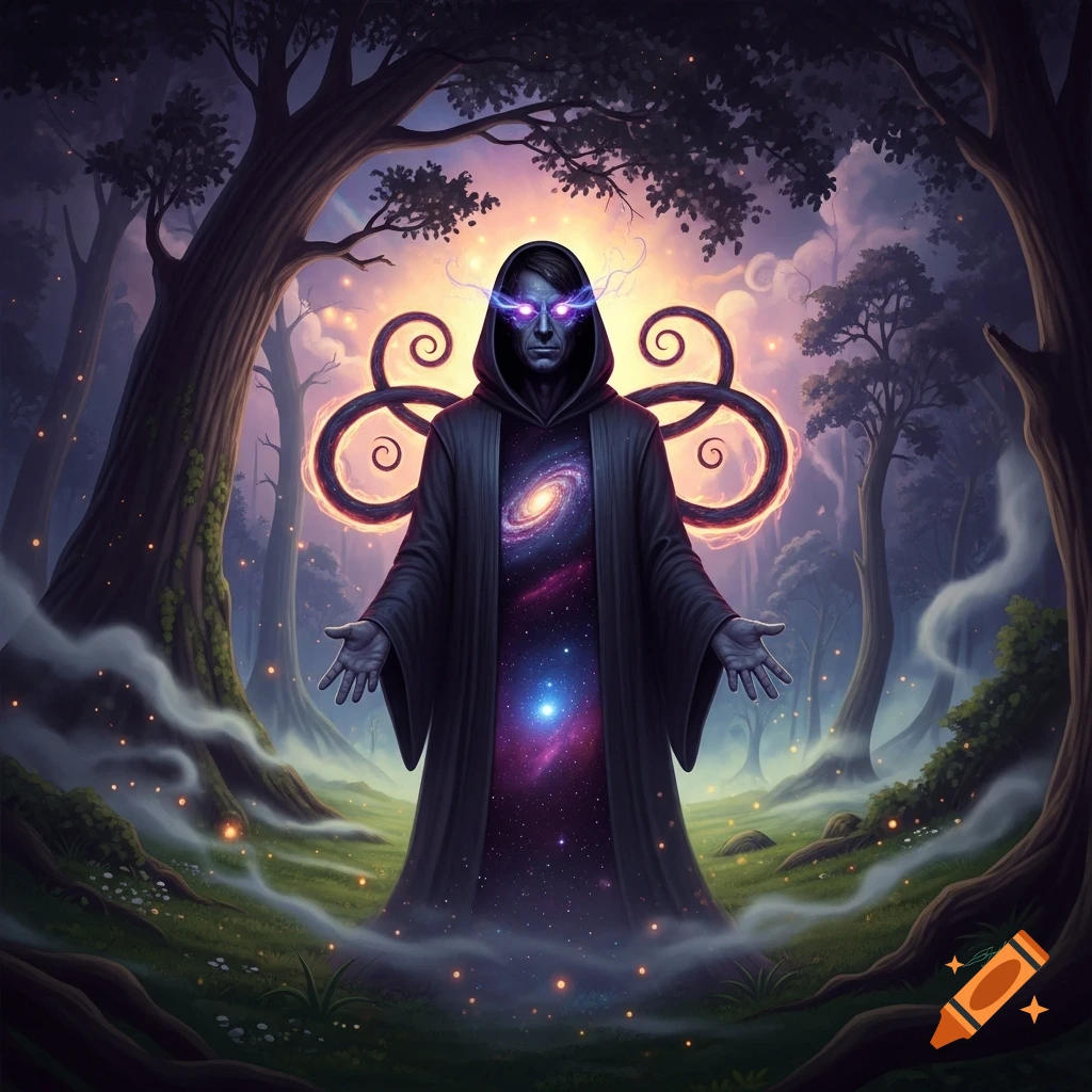 A hooded cosmic being with glowing purple eyes and a galaxy torso stands in a mystical forest with glowing energy.