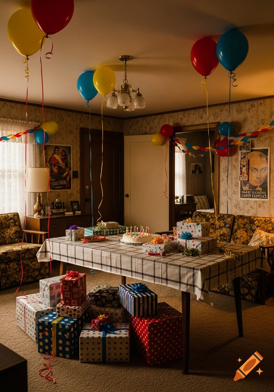 A 90s-style living room decorated for a boy's birthday, with a cake and gifts on a checkered table, surrounded by balloons and presents.