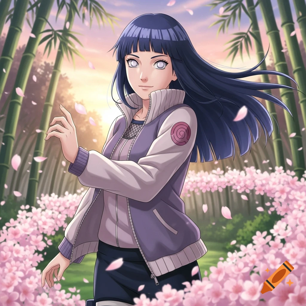 Hinata Hyuga from Naruto stands among pink cherry blossoms and green bamboo, her dark blue hair flowing.