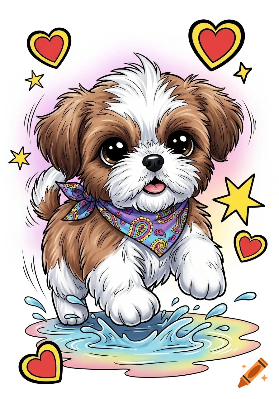 Cute cartoon shih tzu puppy wearing a paisley bandana, splashing in a rainbow puddle with hearts and stars.