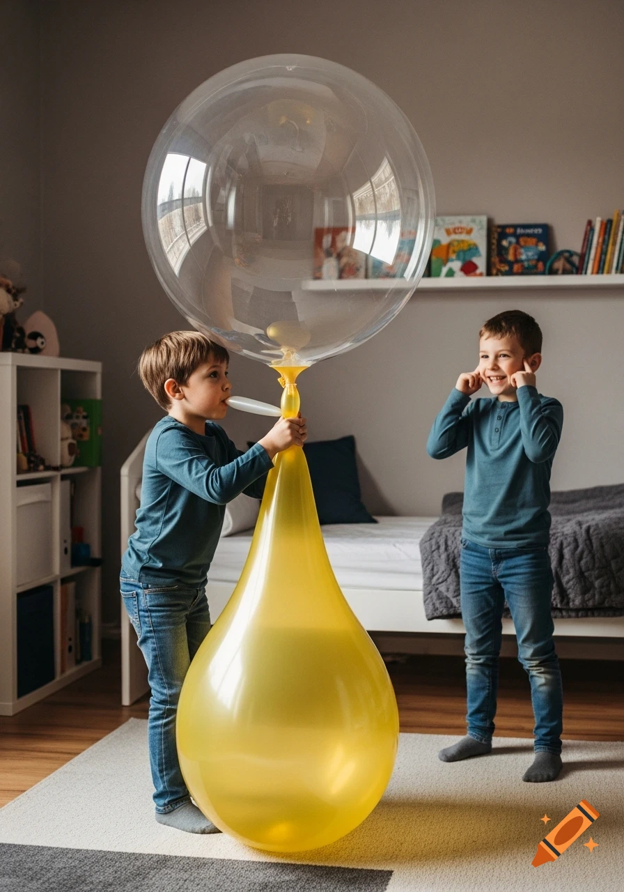 Two boys in a bedroom, one inflating a giant clear and yellow balloon, while the other watches, holding his ears and smiling. Photorealistic style.