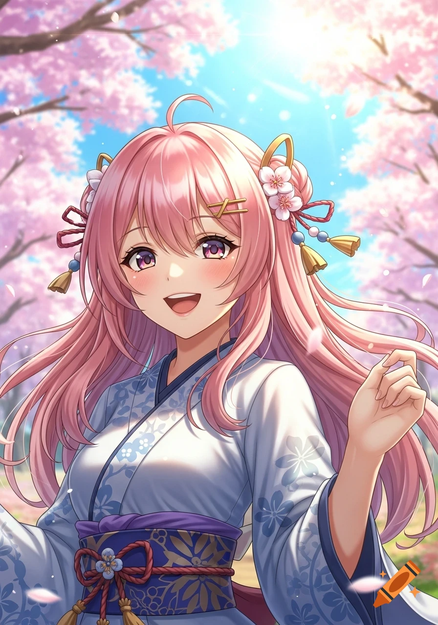 Smiling anime girl with pink hair and purple eyes, wearing a white and blue kimono, standing under blooming cherry blossom trees.